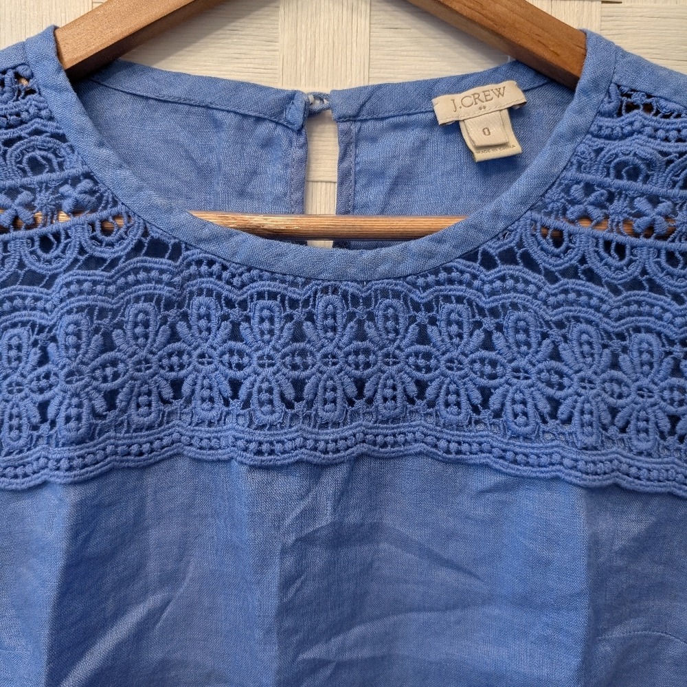 J.Crew Blue 100% Linen‎ Crochet Lace Yoke Short Sleeve Top C3489 Size 0 - Picture 3 of 14